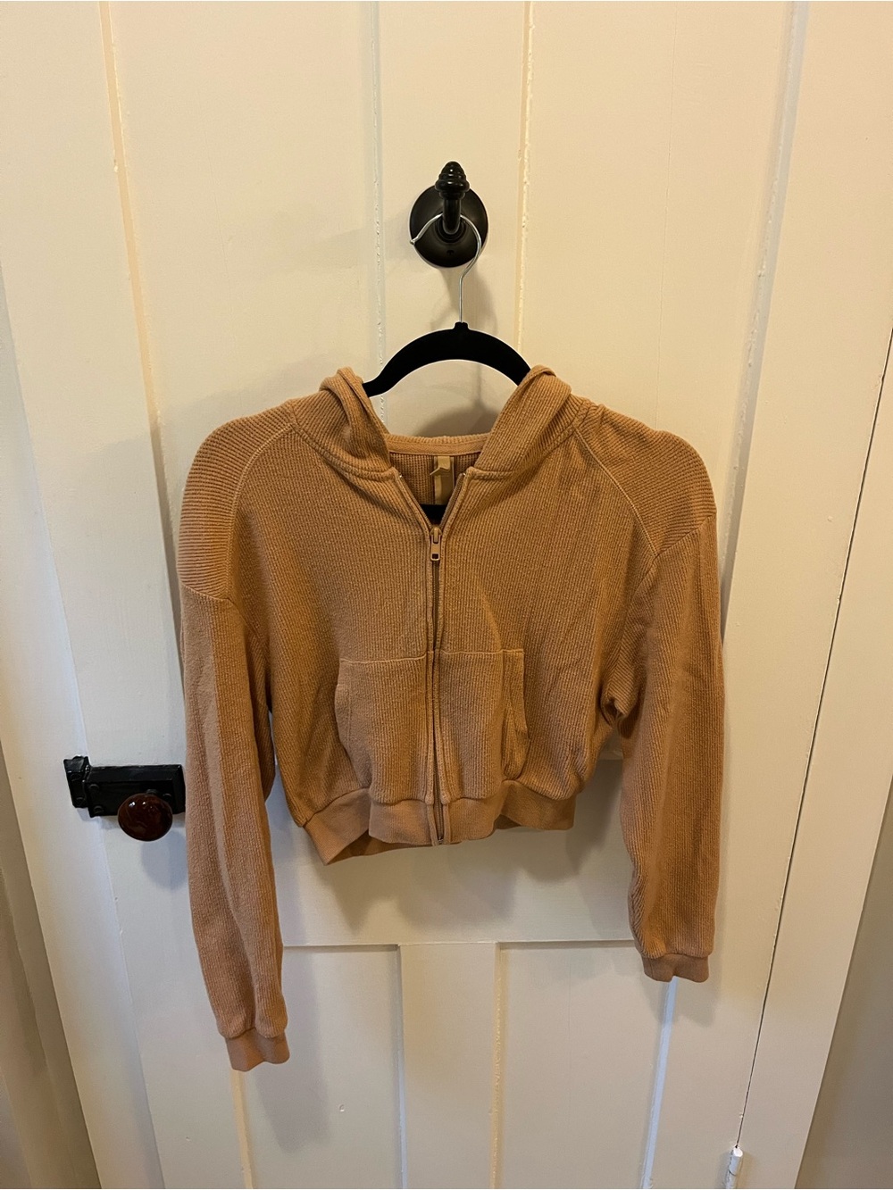 SKIMS Waffle Cropped Zip-Up Hoodie Tan Size Small